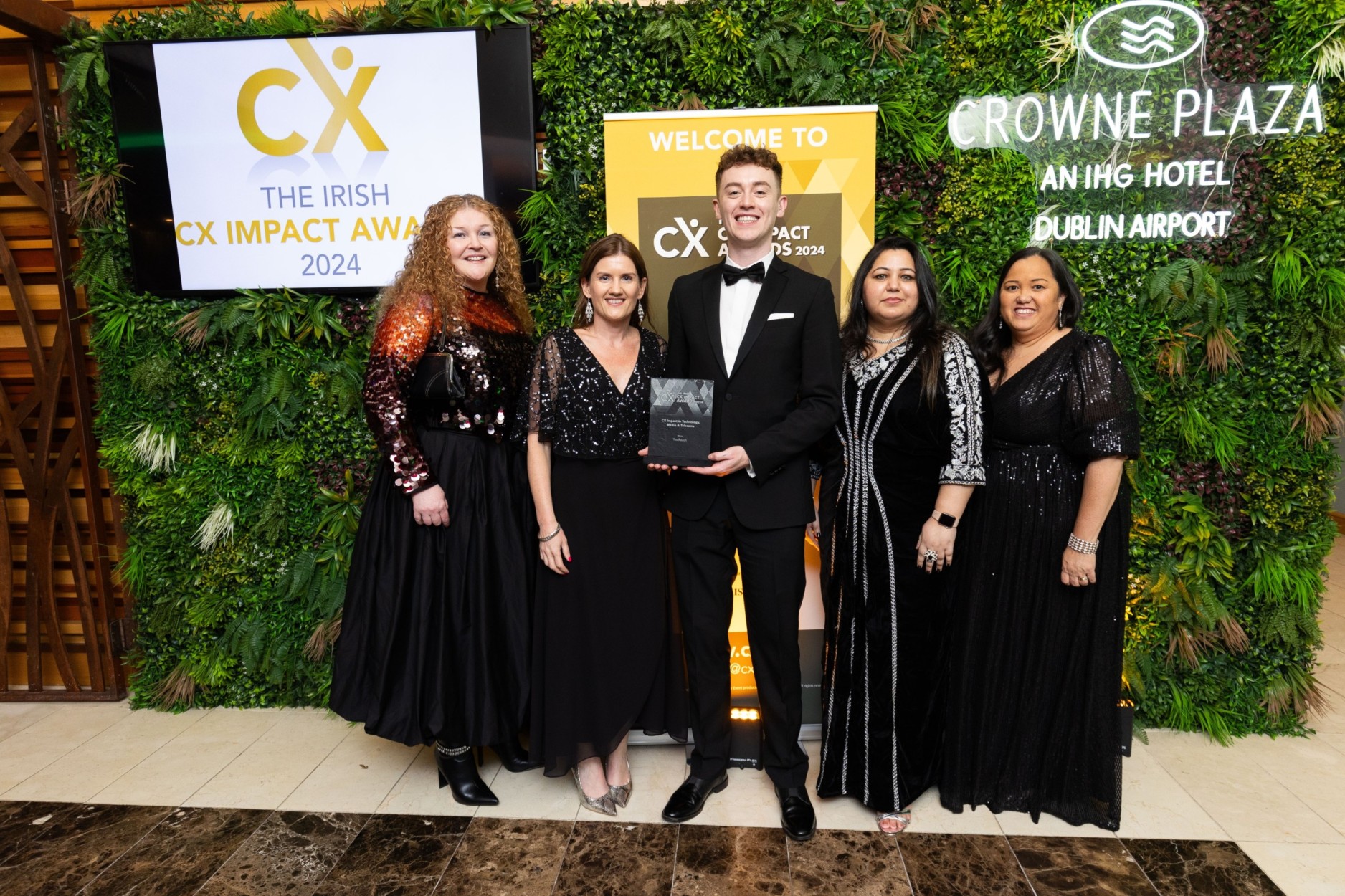 Picture showing TestReach staff at the Irish Customer Experience Impact Awards, left to right, Tricia Dardis, Implementations & Insights Manager; Amy Noonan, VP of Operations and Customer Experience; Adam O’Gorman, Candidate Services Manager; Madeeha Iqbal, Proctoring Manager; Maya Apana, Senior Operations Manager