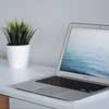 A macbook air on a desk with a plant
